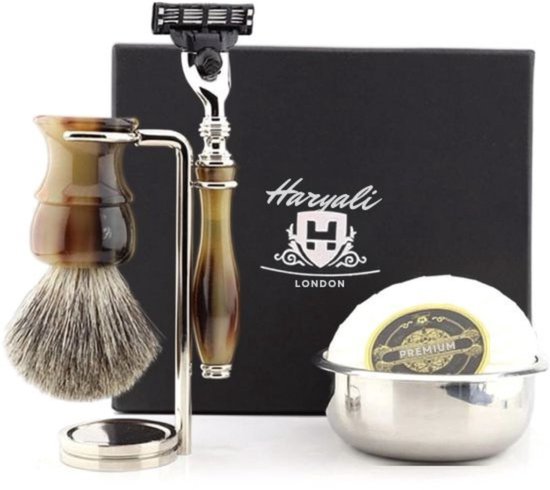 Haryali London 5-delige scheerset: scheerkwast, scheermes, standaard, kom en zeep.