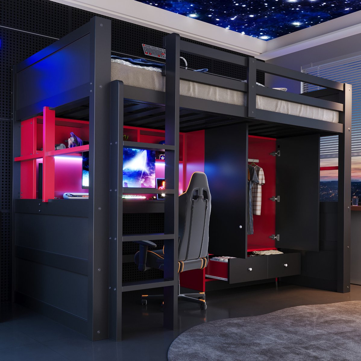 MODFU-Hoogslaper-Gaming-Stijl-Met Bureau-Met Kast-Met Lades-Zwart-Rood