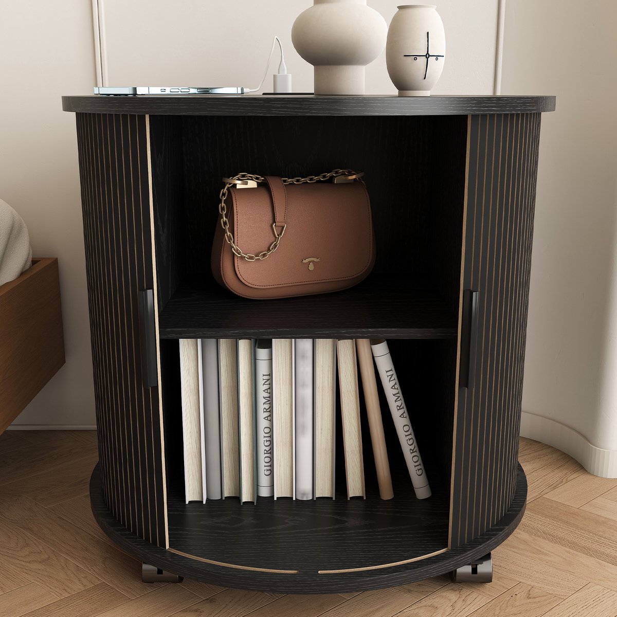 REDOM - Nachtkastje met opbergruimte en laadstation - Zylindrisch ontwerp met schuifdeur - 2 USB-poorten en stopcontact - Mid-Century stijl - MDF - Zwart - 60 x 60 x 60 cm