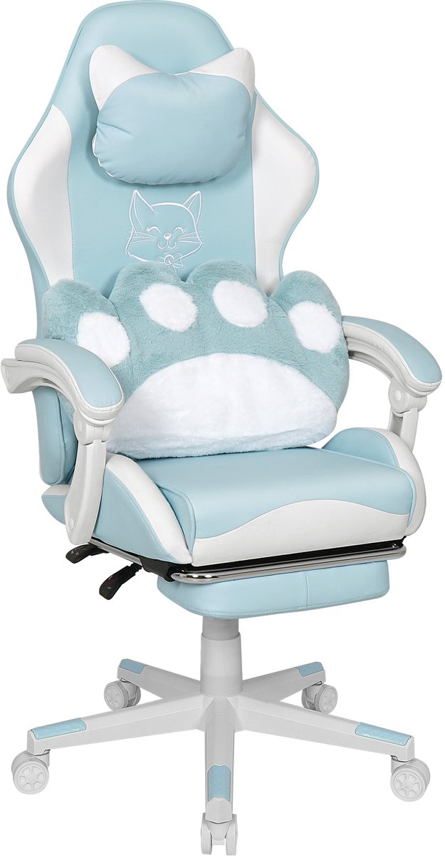 Puluomis - Gaming stoel - Bureaustoel - Katten lendenkussen - Kunstleer - Hoogte verstelbaar - 90°-135° kantelbaar - Blauw en wit
