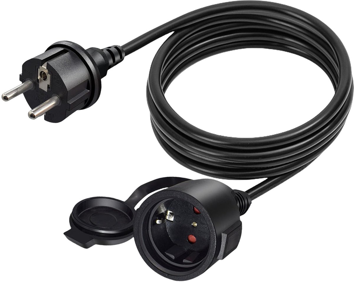 SnelShoppen - Verlengkabel voor Buiten 3 m met Beschermkap, 4,8 mm² Stroomkabel voor Buiten, Rubber, 16 A/250 V, Korte Kabel, 2 AC voor IP44 Stopconta