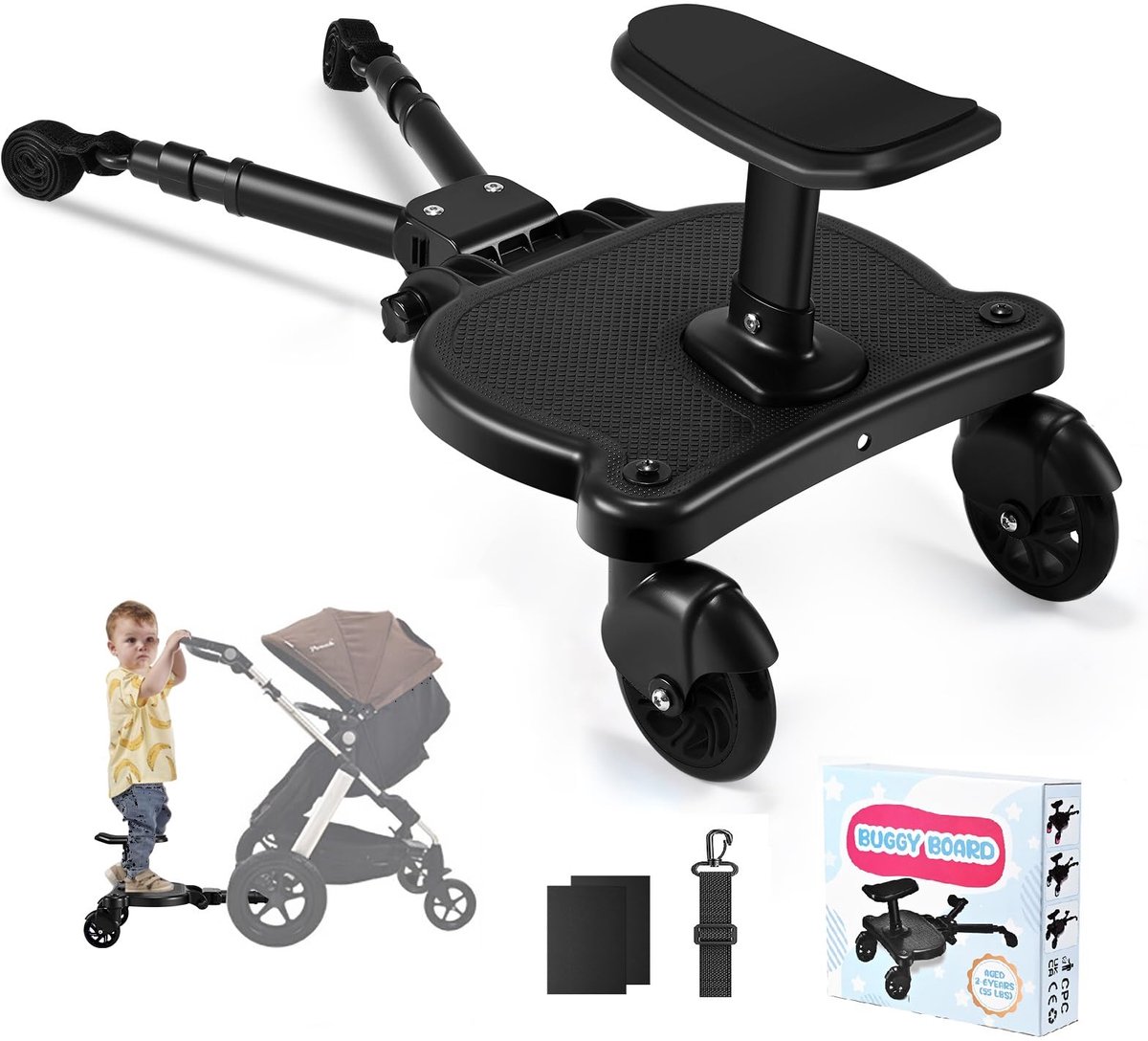 SnelShoppen - Buggyboard met Zitje, Universele Treeplank voor Kinderwagen, Geschikt voor Peuters, Met Veiligheidsriem, Duurzaam Materiaal, Ideaal voor