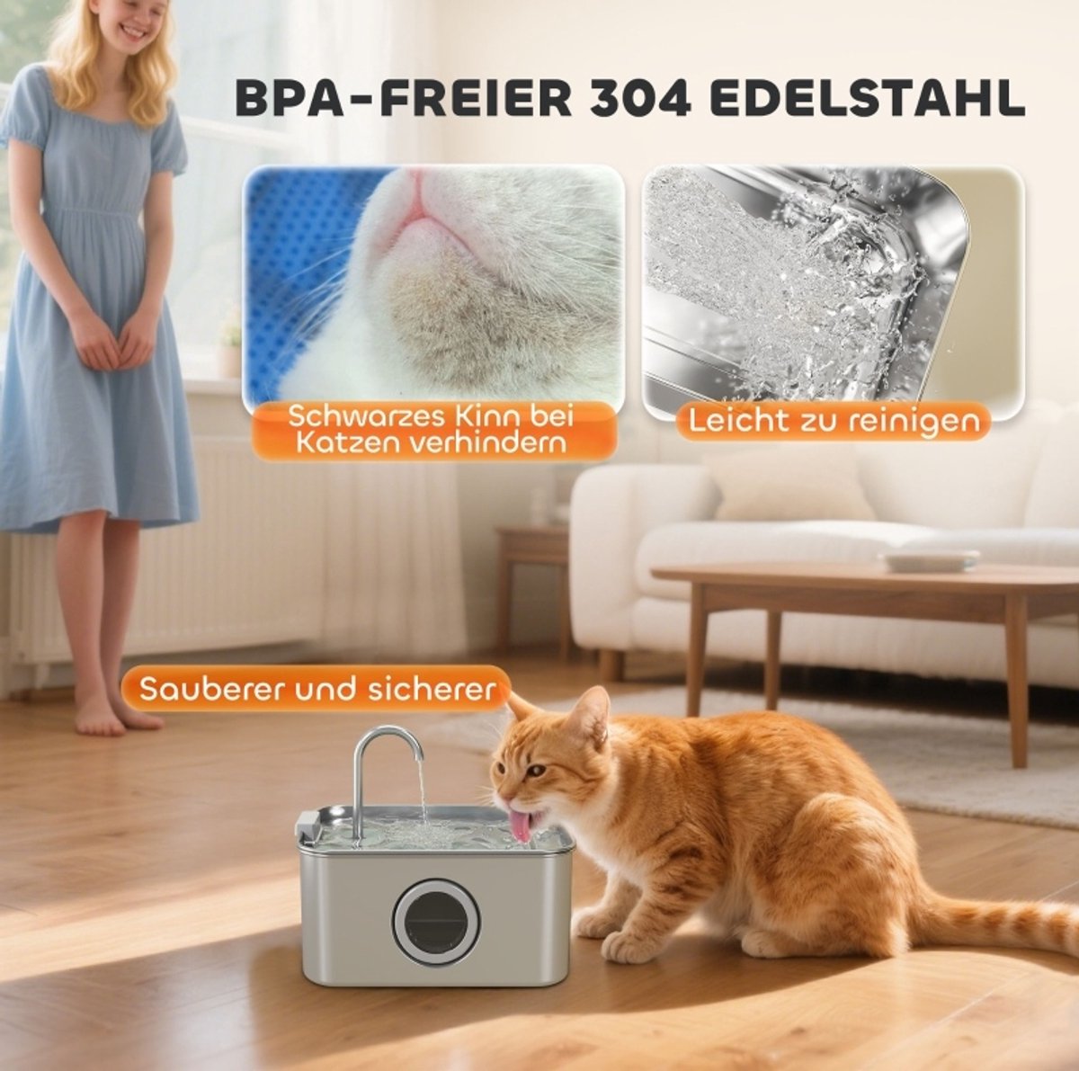HAUSS SPOLE Drinkfontein – 3,2 L Met Stille Pomp – 304 Roestvrij Staal – Zilver – Voor Katten – Met Filtersysteem En Kijkvenster
