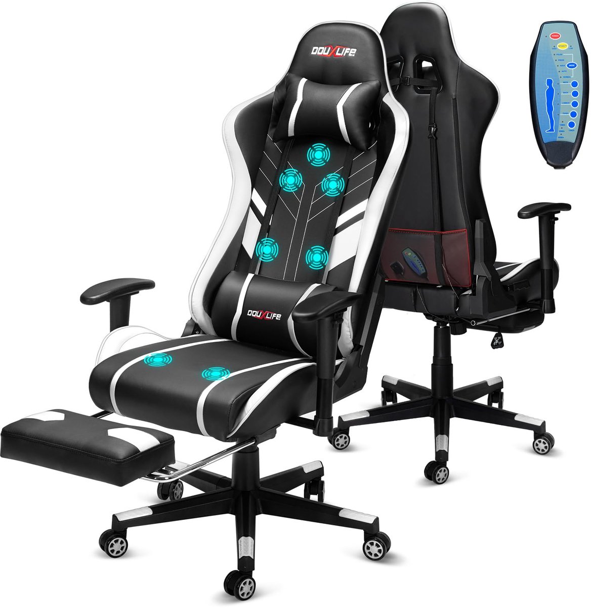 SnelShoppen - Douxlife Gaming Stoel met 7-punts Massage, Ergonomische Bureaustoel met Voetensteun, 90-175° Rugleuning Instelbaar, Verstelbare 2D-Armle