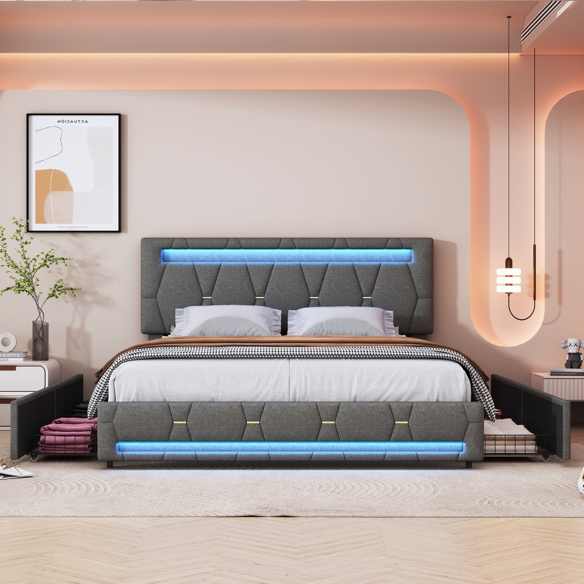 Tweepersoonsbed 160x200 cm, volwassen bed met led verlichting en 4 lades, gestoffeerd opbergbed met verstelbaar hoofdbord, linnen bedframe grijs, zonder matras