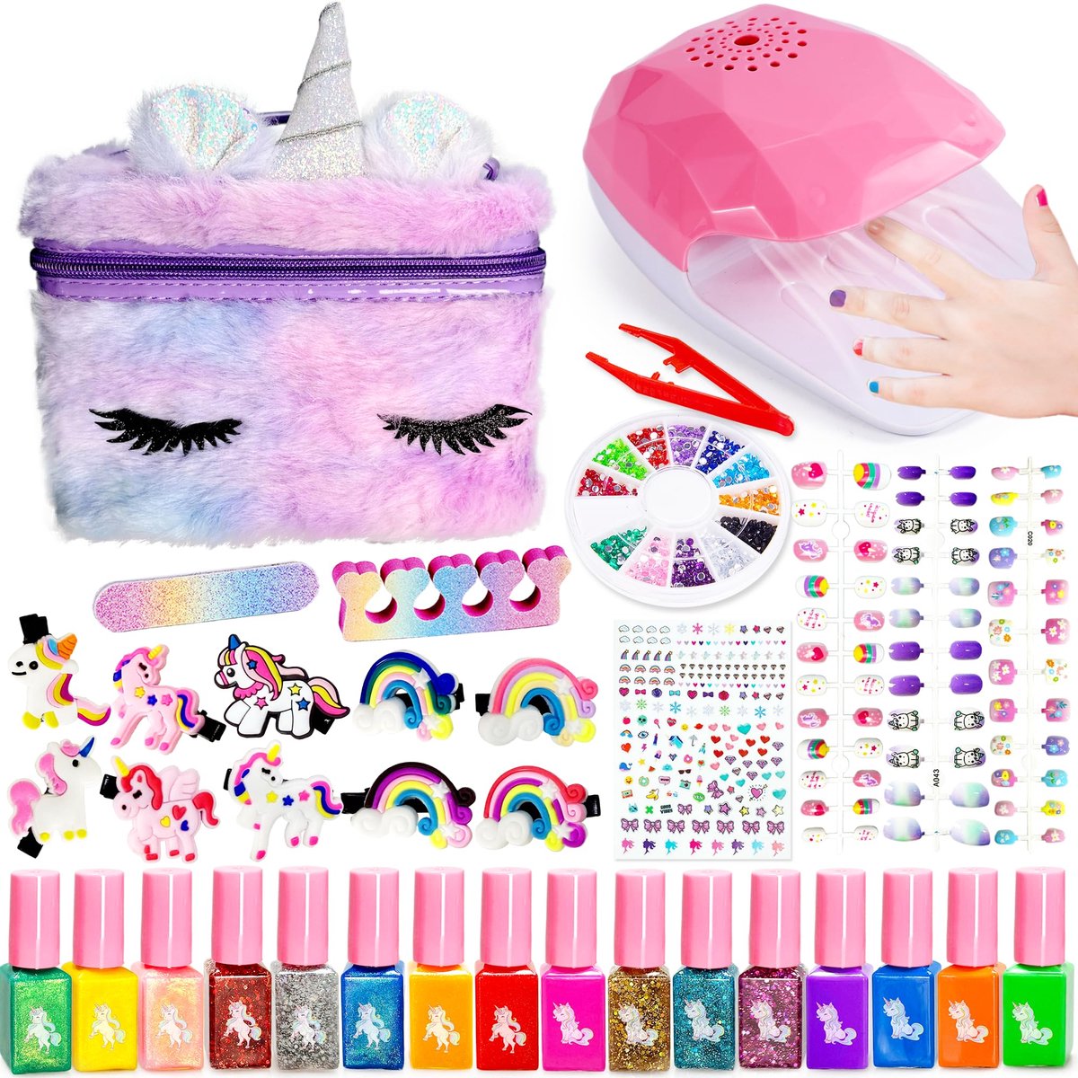 SnelShoppen - Lubibi Eenhoorn Kids Nagellak Set, Veilige Watergedragen Sneldrogende Nagellak met Haarspeld, Nageldroger, Valse Nagels en Stickers voor