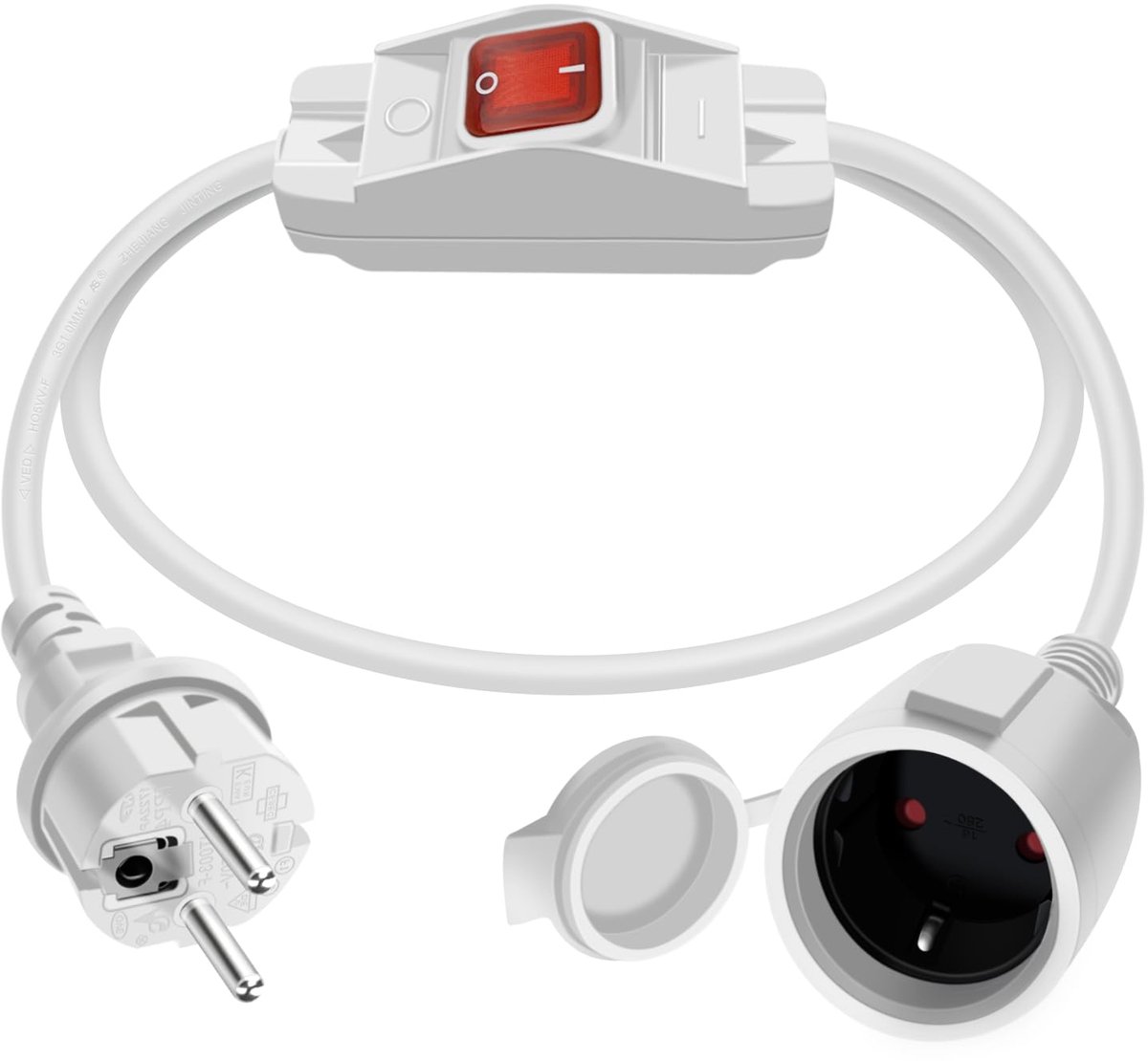 SnelShoppen - Schuko Verlengkabel met Schakelaar 16 A, 250 V Geaarde Kabel Waterdicht IP44 voor Binnen en Buiten, 1m Wit - Ideaal voor Thuis, Kantoor,