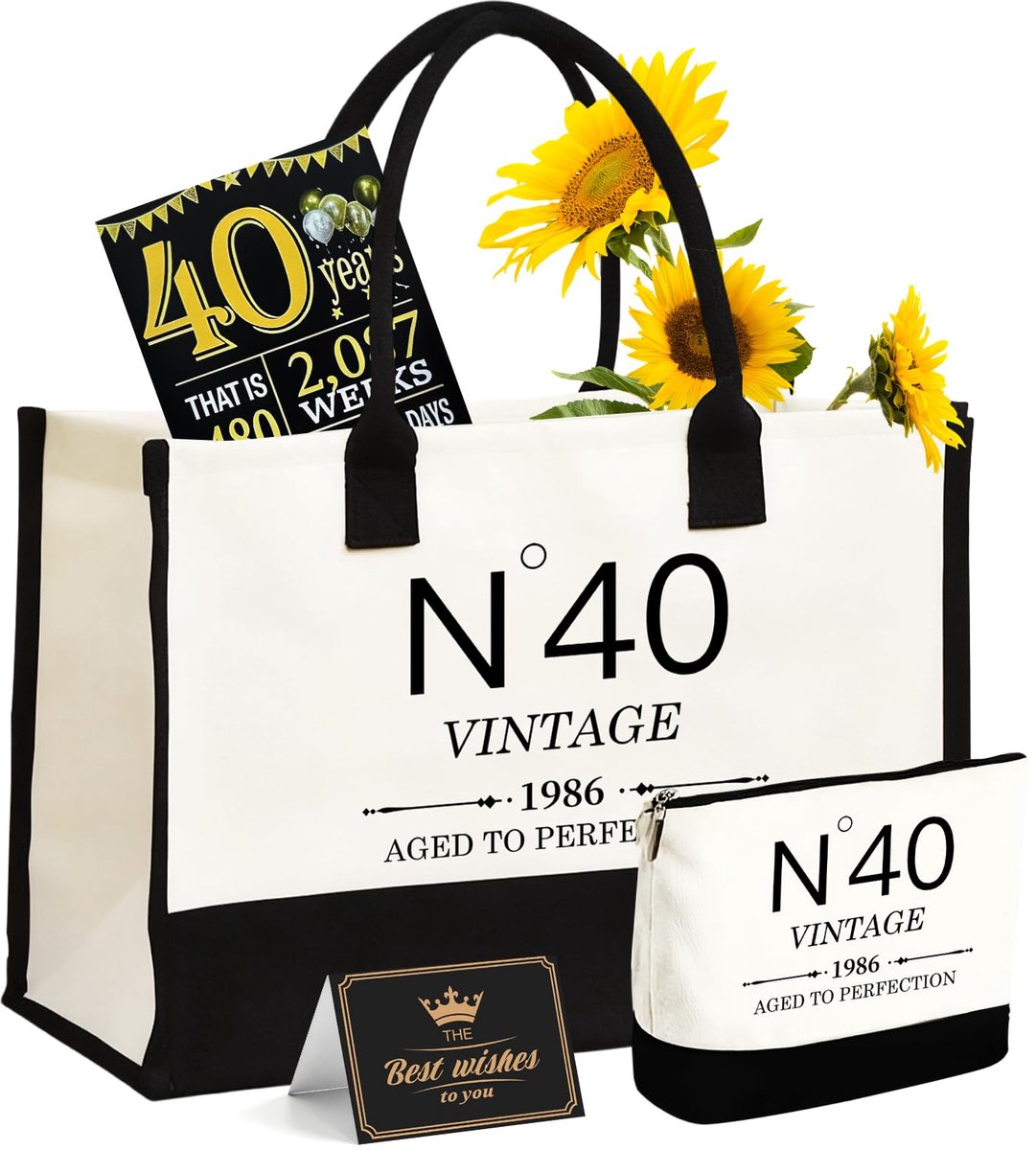 SnelShoppen - 40. Verjaardagscadeaus voor Vrouwen Canvas Tote Tas - Vintage N°40 Handtas, Cosmeticatas & Verjaardagsposter - Perfecte Reisuitrusting v