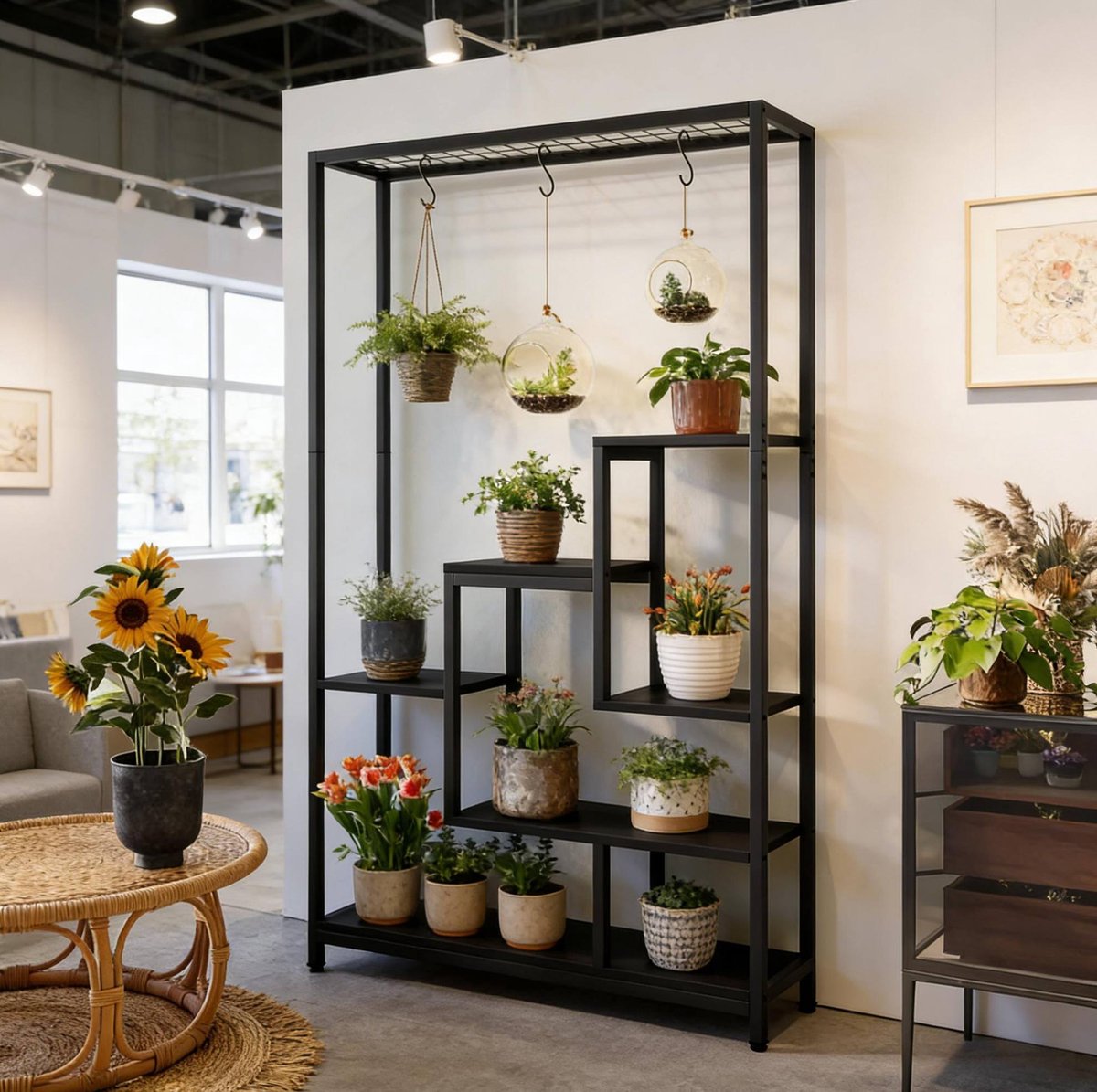FloraGrace Ladderkast 100 X 30 X 180 Cm Zwart Metaal En Spaanplaat Open Opberg En Displayrek Voor Planten Boeken En Decoratie