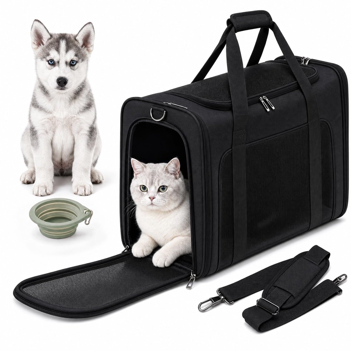 SnelShoppen - Palamea Hondentas voor Vliegtuigen 55x40x23, Opvouwbare Draagtas voor Honden en Katten, Lichte Transportbox met Gaasstof voor Reizen en