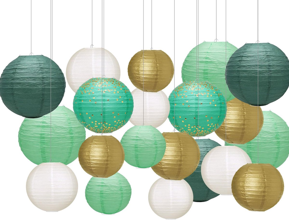 SnelShoppen - 20 Stuks Papieren Lantaarns Ronde Lampenkappen Geribbelde Hangende Decoratie Saliegroen Ø 15-30 cm Herbruikbaar Rijstpapier Voor Tuinfee
