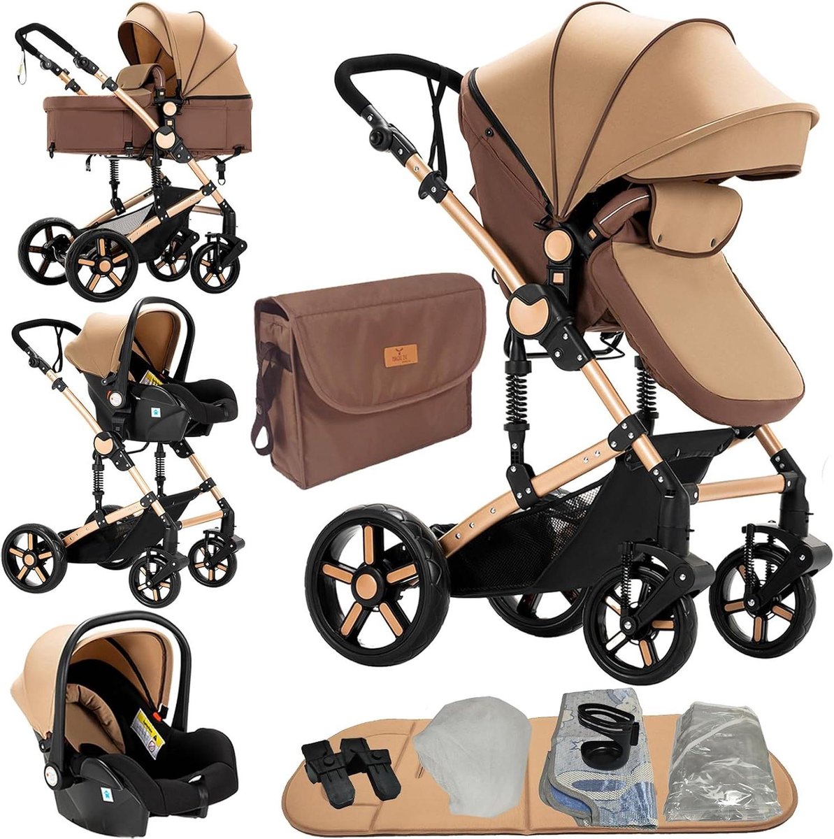 Combi Kinderwagen - Reissysteem Baby - Veilig Vervoer - 3-in-1 Functionaliteit - 83 x 62 x 106 cm - Kaki