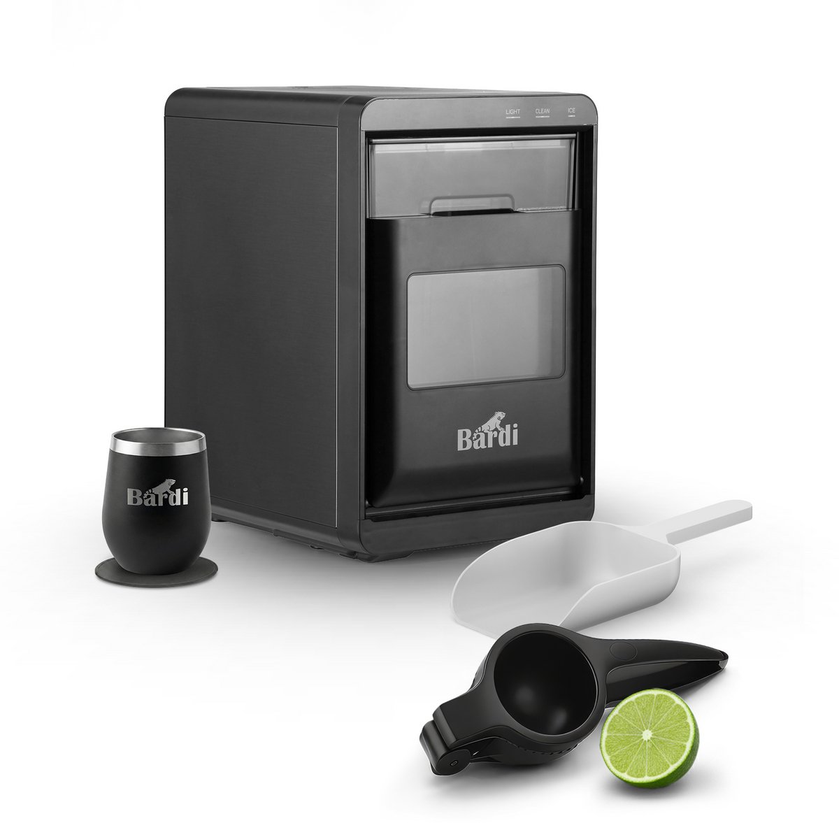 Bardi 1,8L Deluxe IJsblokjesmachine - Crushed ICE machine - Nugget IJsblokjesmachine - LED Verlichting - 20Kg/24 uur. inclusief Thermosbeker - ZWART met citruspers Zwart