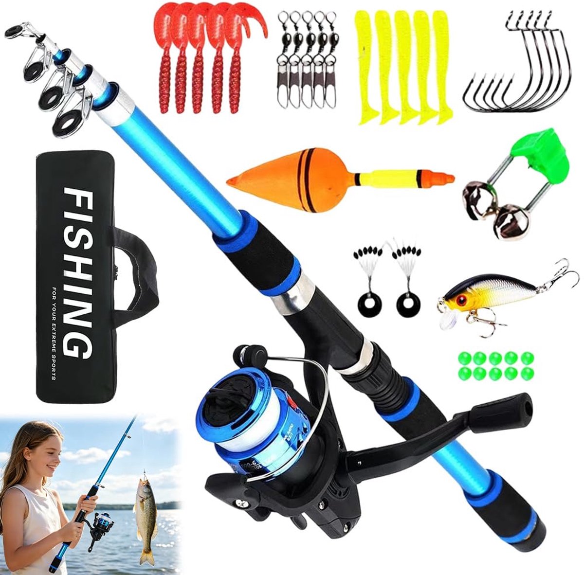 SnelShoppen - LYPPUL Hengelset voor Kinderen - 1,8 m Telescopische Hengel met Rol, Aas en Draagtas - Perfect voor Jonge Vissers, Beginners en Buitenav