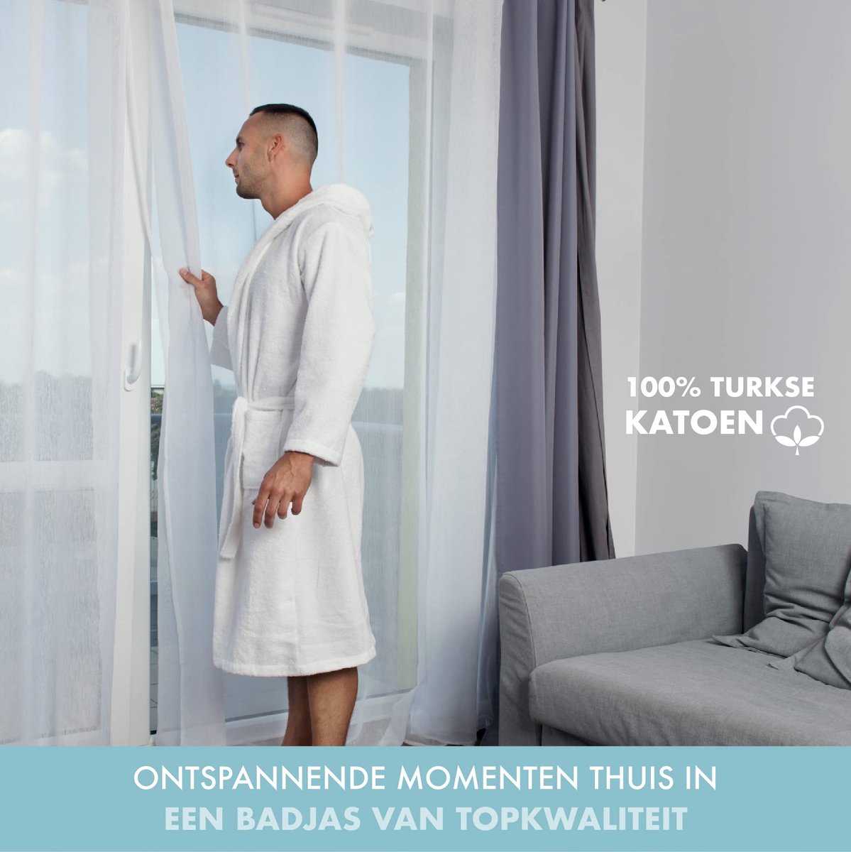 SnelShoppen - Badjas Mannen Katoen - Zacht en Donzig - L, Wit - 100% Katoen OEKO-TEX® Gecertificeerd zonder Chemicaliën - Perfect voor Thuis, Wellness