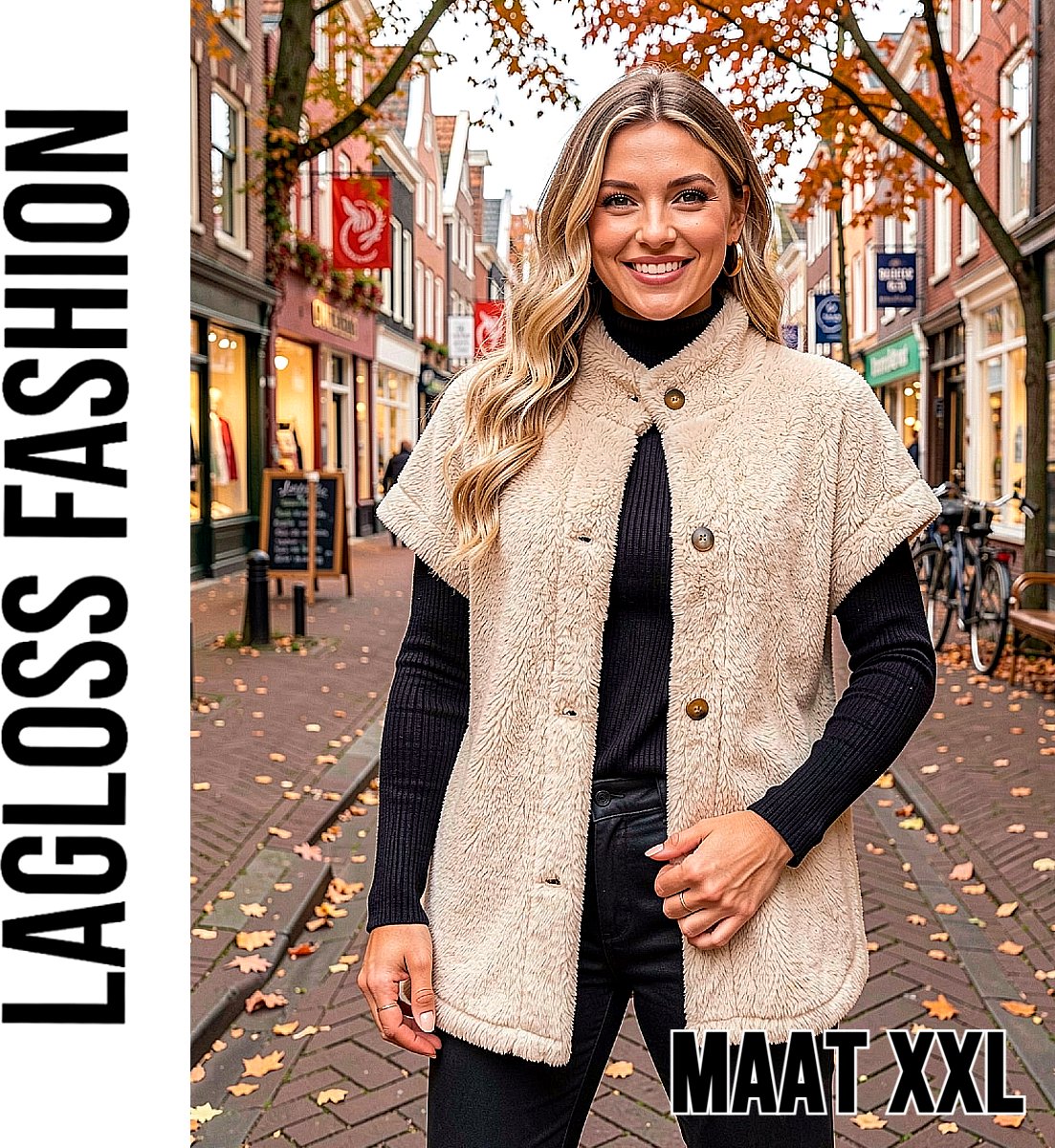 LaGloss® Elegante Teddybeer Vest – Korte Mouwen Blazer met Enkele Knoopsluiting – Khaki H-Lijn Silhouet – Herfst/Winter Casual Buitenkleding – Maat XXL