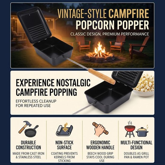 Popcornpan Kamperen - Popcornmaker Buiten - Buiten Koken - Anti-aanbaklaag - Niet gespecificeerd - Zwart — afbeelding 4