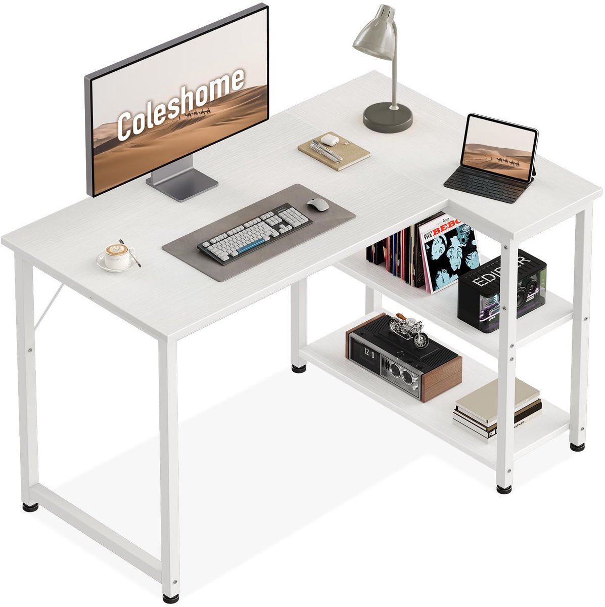 SnelShoppen - Coleshome Gamingbureau 100x70cm Hoekbureau met Omkeerbaar Schap, L-Vormig Gaming Bureau voor Thuiswerkplek, Wit, Ideaal voor Gamers en T