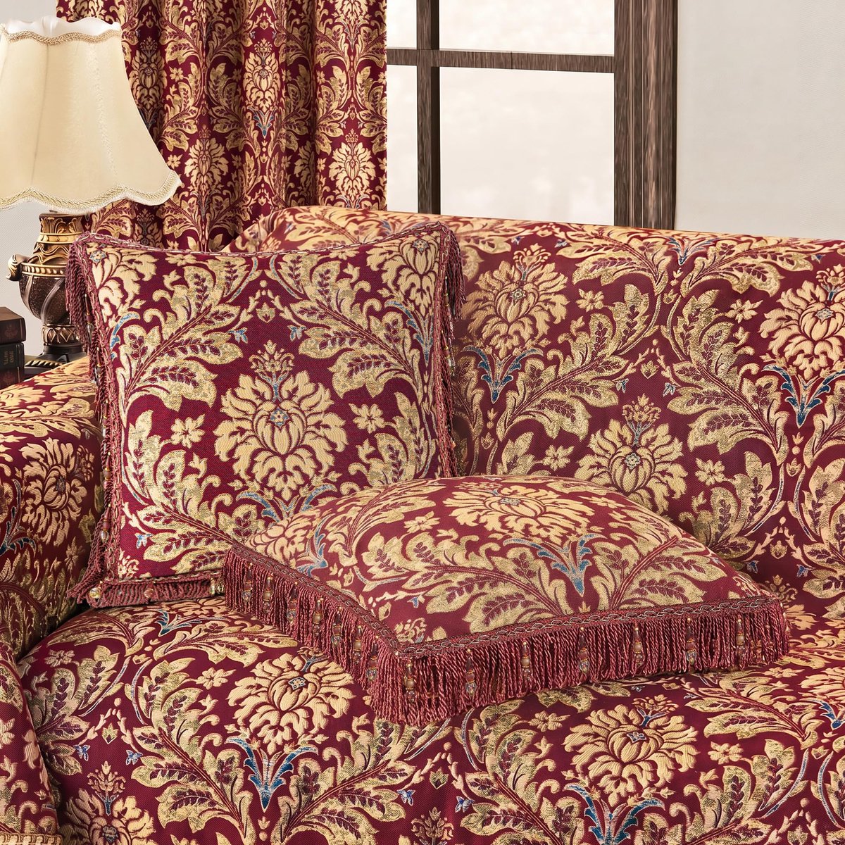 SnelShoppen - Kussenhoes 45x45cm - Jacquard Kussensloop met Kwastjes - Decoratieve Kussenhoes met Rits - Rood & Geel voor Bank, Woonkamer, Slaapkamer