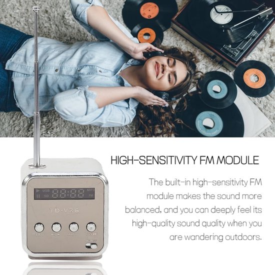 Draagbare Mini Stereo Luidspreker met FM Radio en MP3 Speler - Ondersteunt TF-Geheugenkaart en USB-Stick, Geschikt voor PC en Telefoon, Kleur Zilver — afbeelding 2