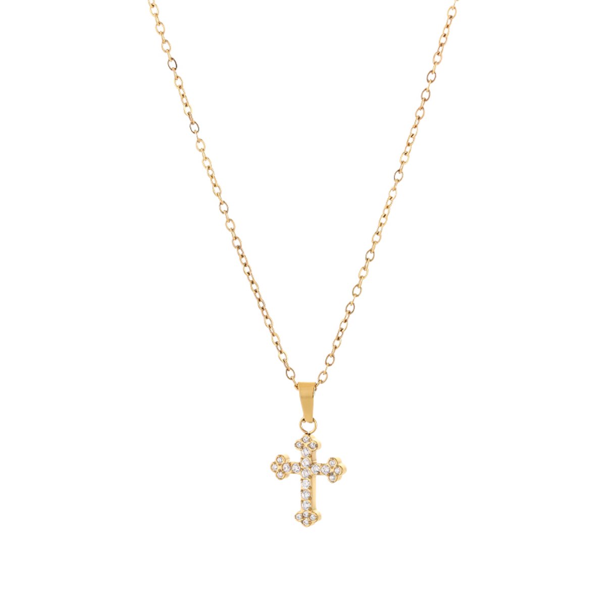 Luxe Ketting Stainless Steel - Elegante Schakelketting met Zirkonia Kruis Hanger - Chique Dames Sieraad - Goud