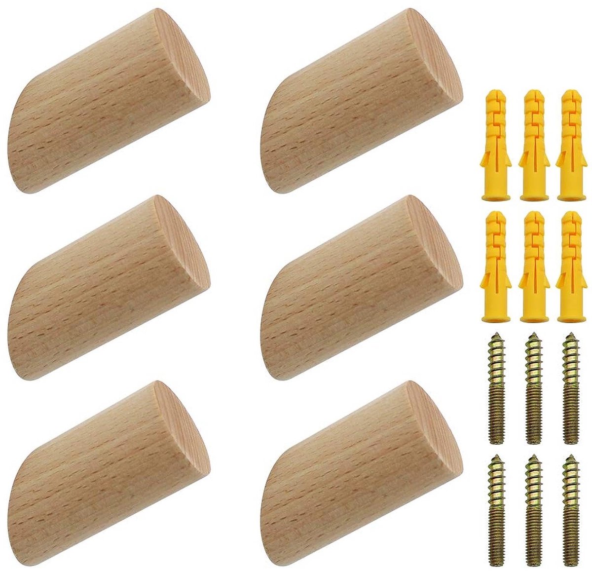 SnelShoppen - Set van 6 Houten Kledinghaken 3x6 cm - Natuurlijke Beuken Wandhaken - 45 Graden - Perfect voor Kleding, Sjaals, Hoeden en Tassen - Max.