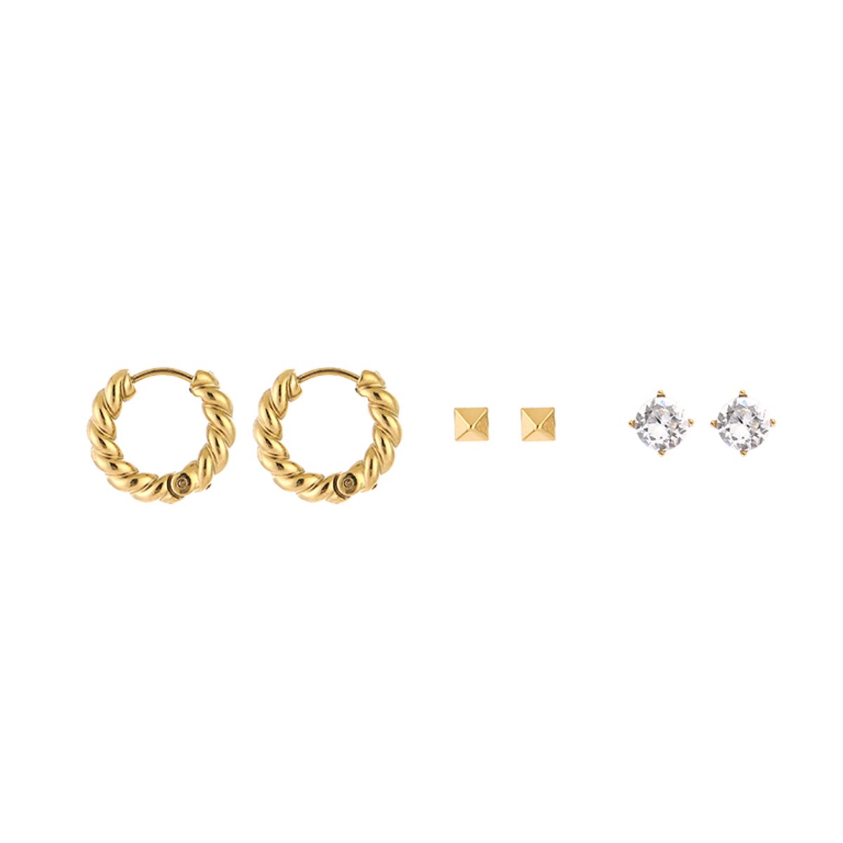 Stainless Steel Piramide Studs, Zirkonia & Getwiste Hoops Oorbellen Setje – Luxe Curated Ear Set – RVS