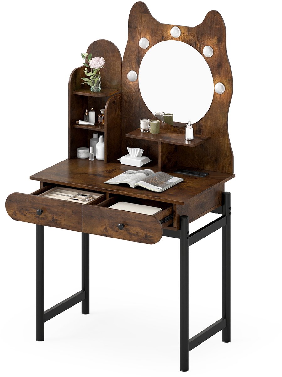 COSTWAY Make-uptafel in kattenvorm met spiegel en verlichting, kaptafel met 3 lichtmodi en dimbare helderheid, 2 laden en stopcontacten, make-uptafel voor vrouwen en meisjes (bruin)