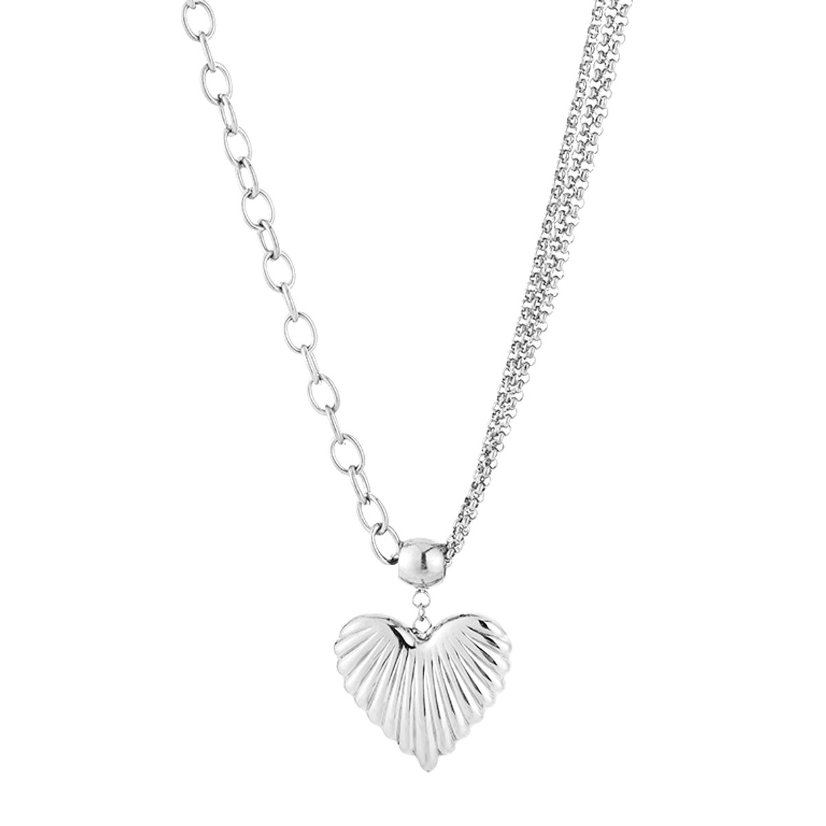 Modieuze Roestvrij Stalen Ketting - Gelaagde Schakelketting met Bewerkt Hartje - Stainless Steel Sieraad - Zilver