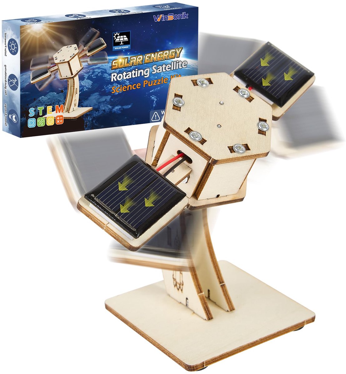 SnelShoppen - DIY Roterende Zonnesatelliet 3D Houten Puzzelbouwspeelgoed voor Kinderen 8-12 Jaar, STEM Educatief Wetenschappelijk Knutselmodel Kit, In