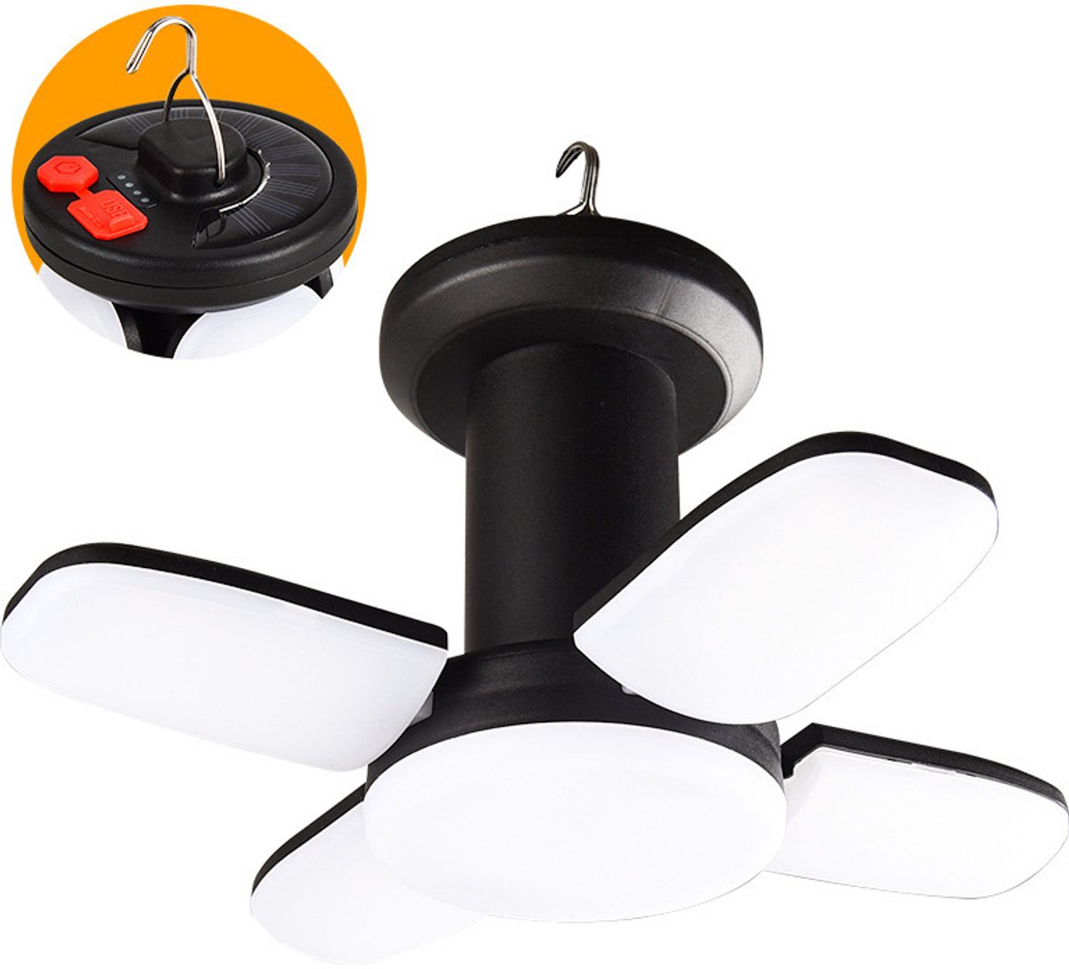 Gloovon® Camping Lamp Solar Oplaadbaar - Opvouwbare Hanglamp voor Tent en Camping - USB Buitenlamp met Haak - Zwart