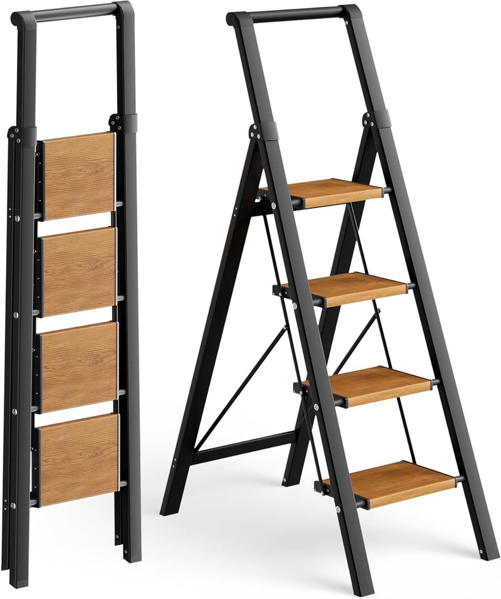 Trapladder met Leuning - Opstapkruk Vouwladder - Veilig Klussen - Inklapbaar Ruimtebesparend - 4 Treden - Zwart