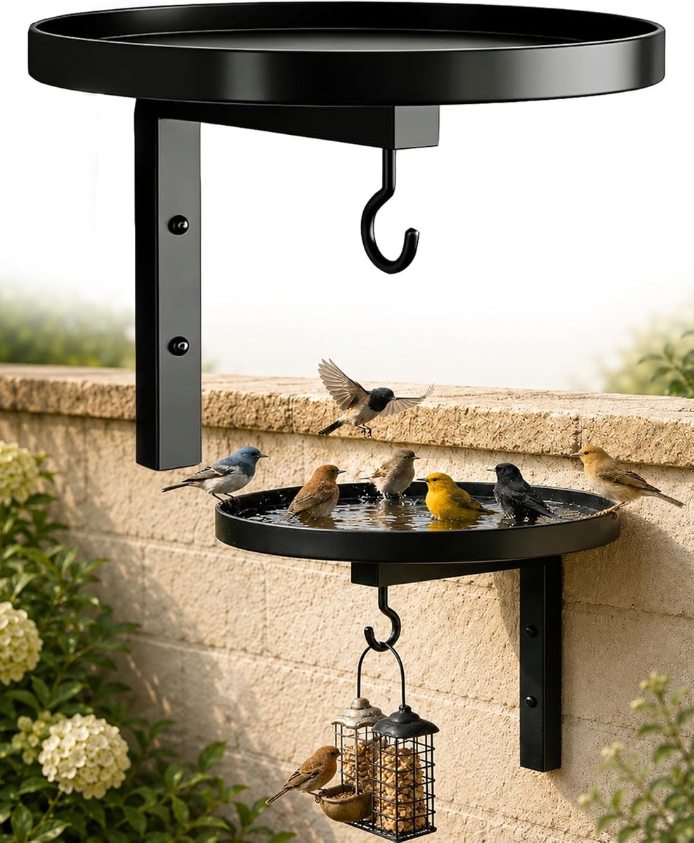 KZQ Vogelbad en Voederbakje voor Aan de Muur - Metaal, Zwart, Met Ophangbeugel - Geschikt voor Boom, Schutting, Reling - Waterbakje voor Hummingbird, Kraai en Eekhoorn - Buiten Tuin Decoratie
