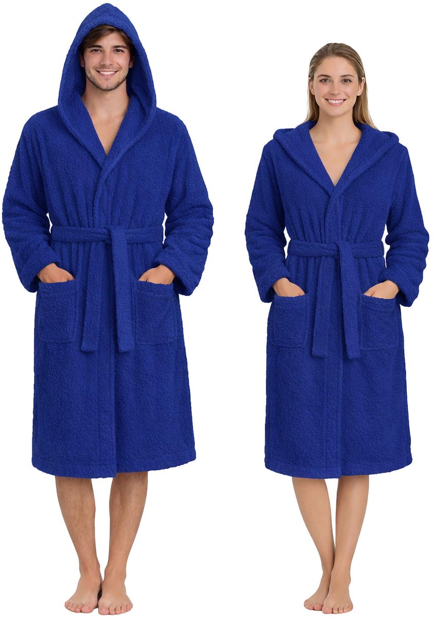 SnelShoppen - Unisex badjas van 100% katoen, 400 g/m² badstof, met capuchon, riem en zakken, koningsblauw, XXL - Zacht en absorberend voor dames en he