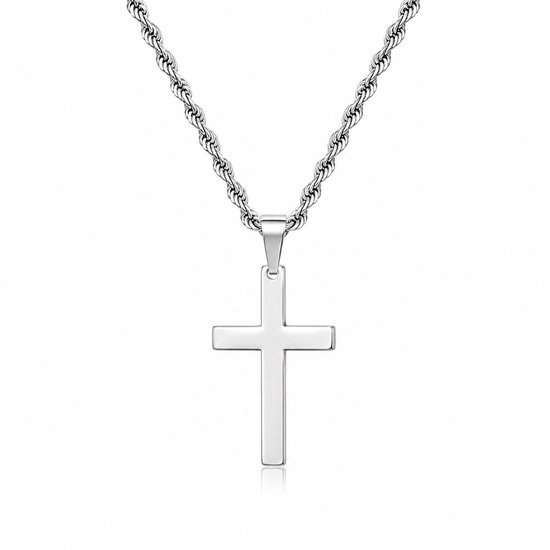 Zilverkleurige kruishanger aan een gedraaide touwketting.