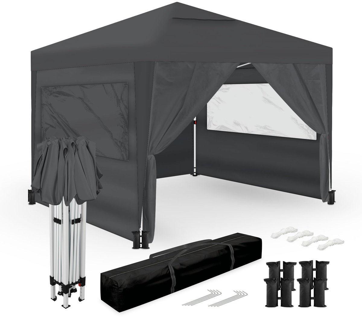 SnelShoppen - Wasabi Vouwpaviljoen 3x3m met 4 Zijwanden, Zandzakken en Transporttas - Ideaal voor Tuin, Camping en Feestjes - Grijs Nylon Pergola