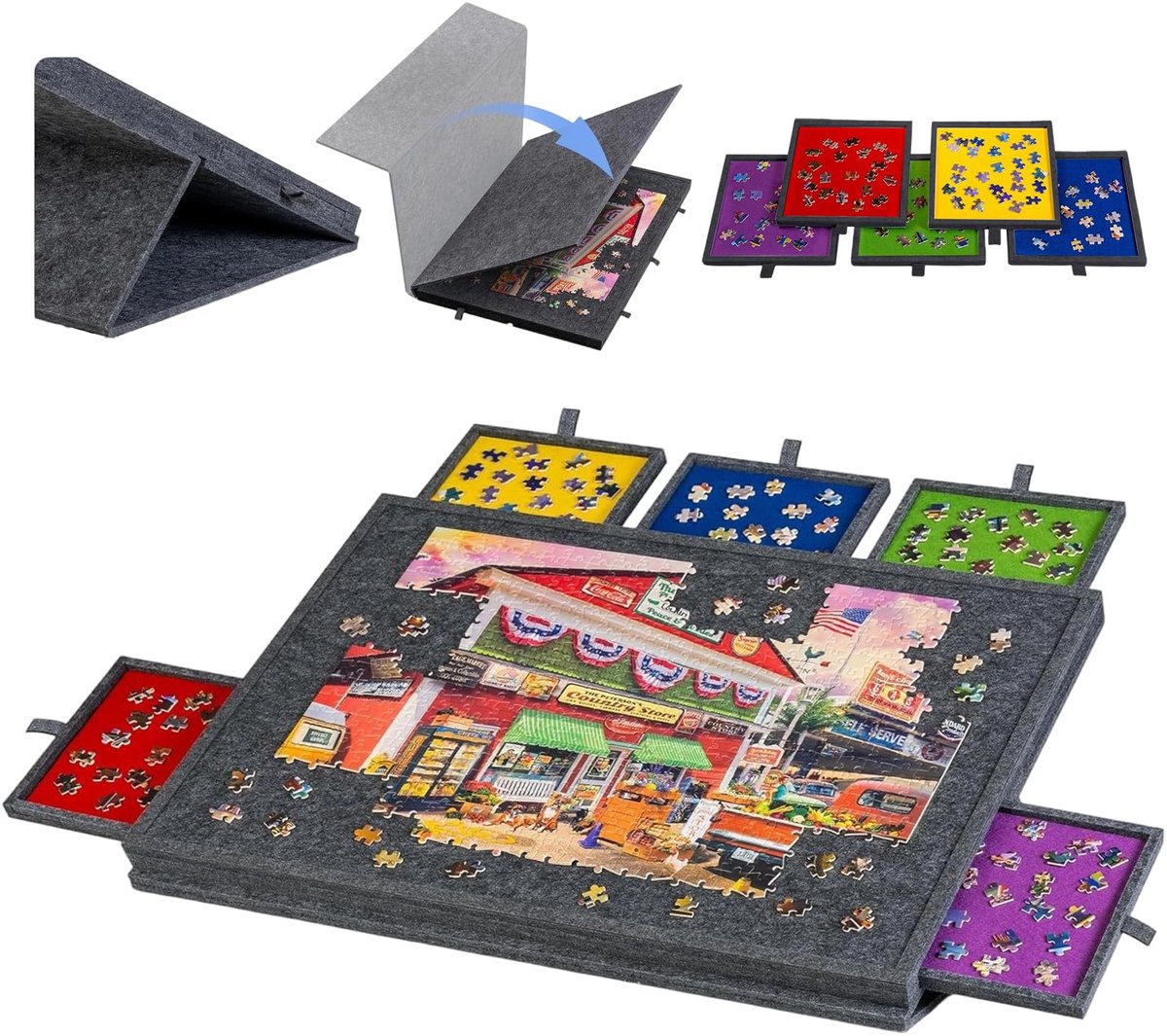 SnelShoppen - 2-in-1 Kantelbare Puzzeltafel van Vilt - Opvouwbare Puzzelplank & Puzzelsorteerplank met 5 Sorteerdozen - Antislip Ergonomisch voor 1000