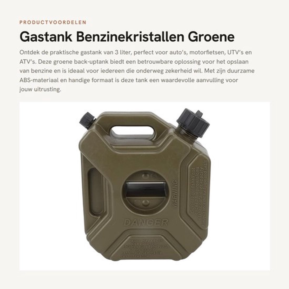 Gastank 3 Liter - Brandstof Jerrycan - Geschikt voor Auto's/Motorfietsen - Off-road Avonturen - ABS Materiaal - Groene Kleur - Brandstoftank