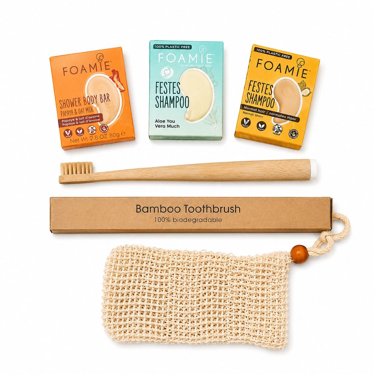 Duurzame Reis Verzorgingsset – Shampoo Bars & Shower Bar – Bamboe Tandenborstel – Plasticvrij Travel Toilettenset – Handbagage Geschikt – Cadeauset