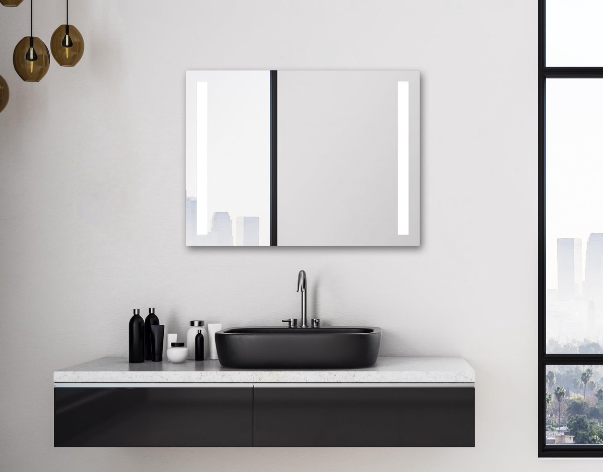 SnelShoppen - Badkamerspiegel met verlichting Talos Light - 80 x 60 cm - neutraal wit - hoogwaardig aluminium frame - verlichte lichtuitsparingen met