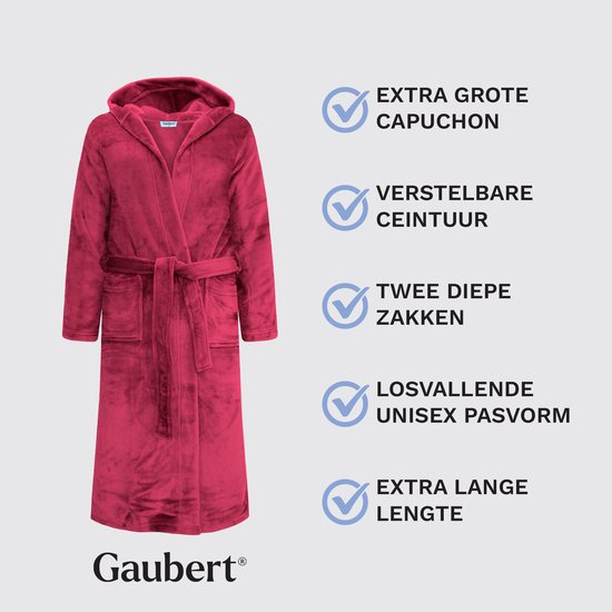 Bordeauxrode badjas met capuchon, ceintuur en zakken, met iconen die de eigenschappen benadrukken.
