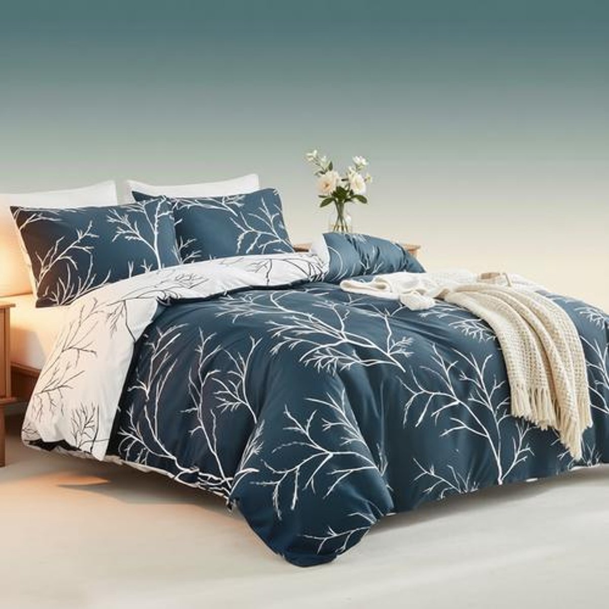 Arvion Dekbedovertrek 220x240 cm 3-delig met 2 kussenslopen 80x80 cm - Microvezel - Takkenpatroon - Marineblauw/Wit