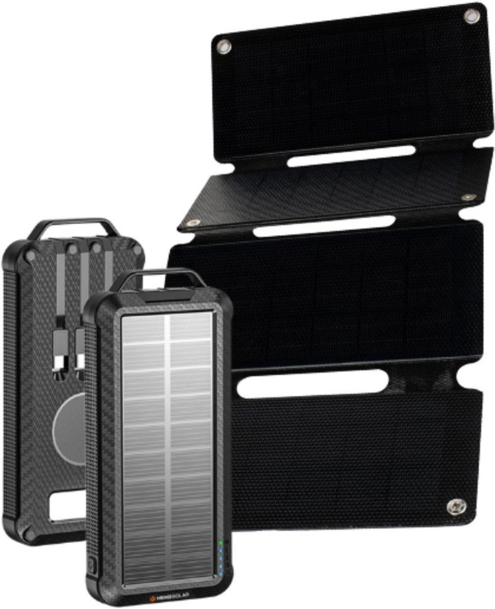 Bol.com Heko Solar® Pulse + Unfold 15 - Powerbank met Zonnepaneel - 10000mAh - Ingebouwde USB-C/Micro/Lightning Kabels - Draadlo... aanbieding