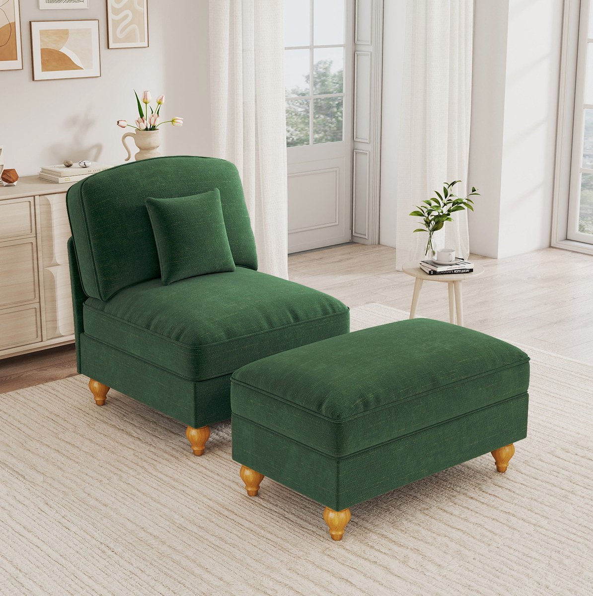 OKWISH Fauteuil 1-Zits Met Hocker - Afneembare Ruchesrok, Zachte Chenille En Houten Poten - Klassiek Voor Woonkamer - Groen