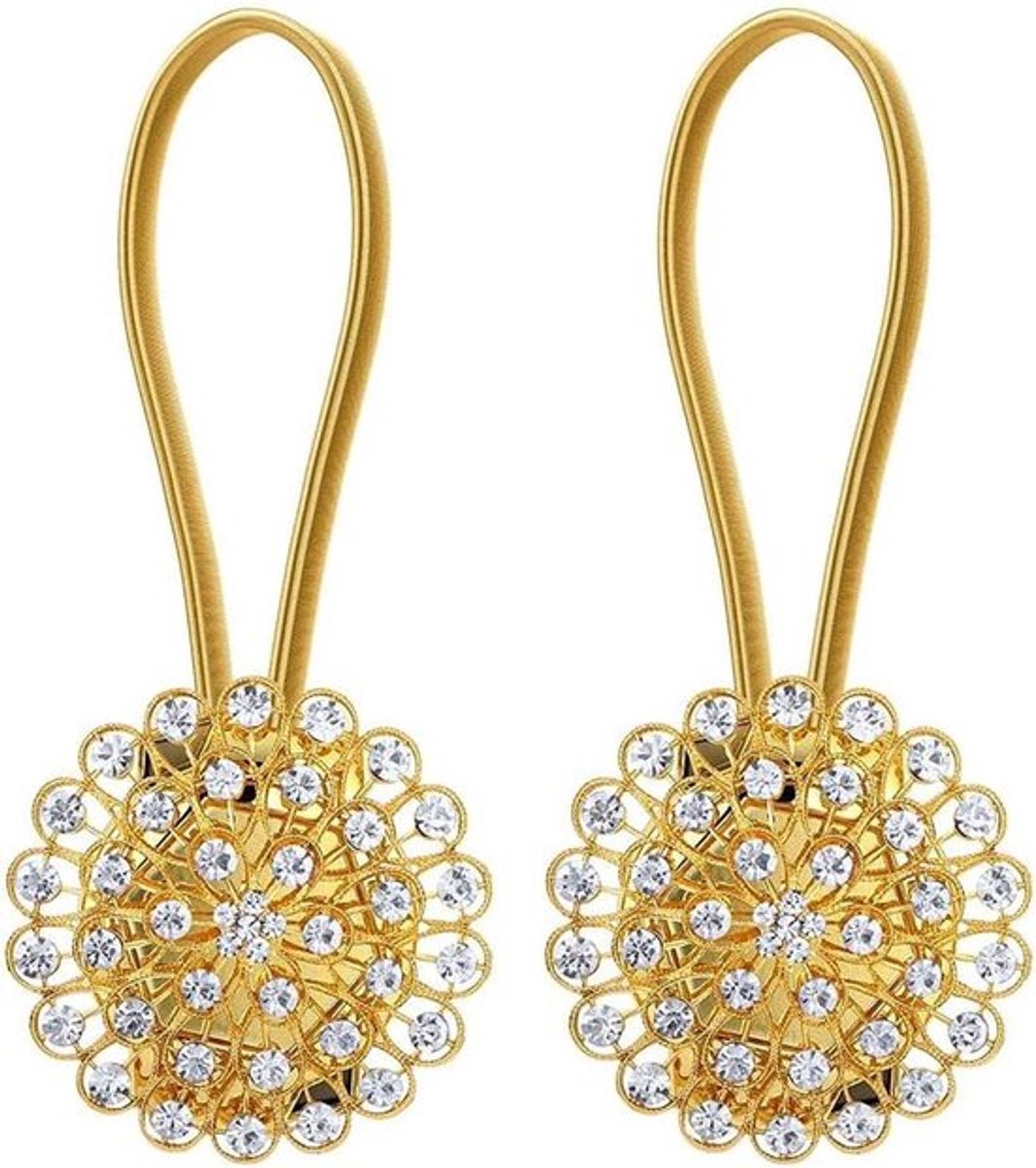 Magneetische - Tieback - Gordijn Clips - Stretchy Draad Touw - Home Office Decoratie - Crystal - Bloemvorm - Diamant - Geschikt voor Gordijnen - Goudkleurig - 2 stuks