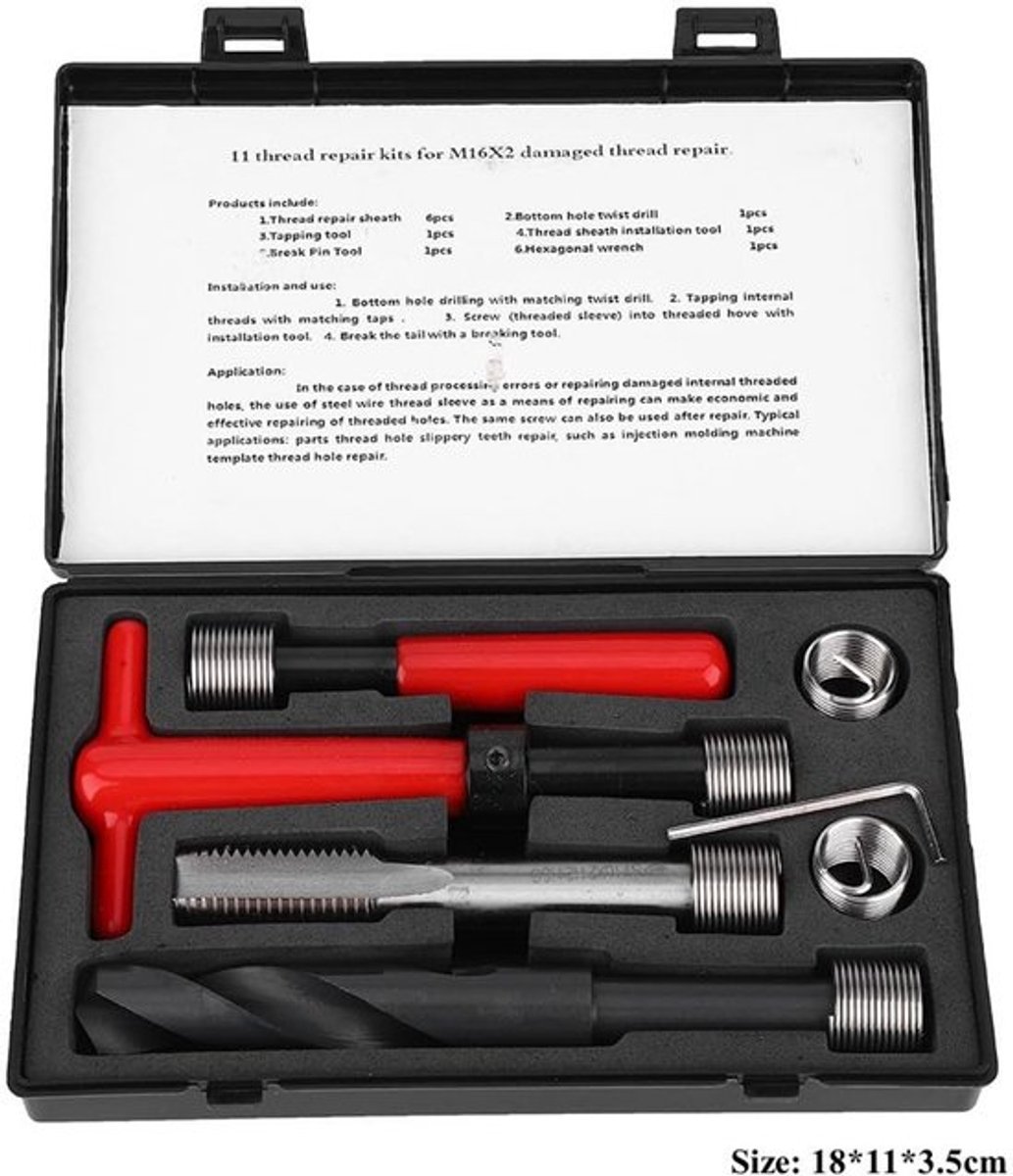 Draadreparatieset M16x2 - Roestvrij Stalen Spiraalboor - Inbussleutel - Tap - Breekgereedschap - Duurzaam Materiaal - Schroefdraadset