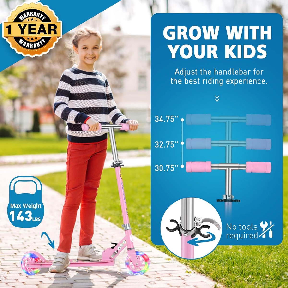 SnelShoppen - BELEEV V1 Kinderstep 2 Wielige Inklapbare Scooter voor Meisjes en Jongens, 3 Verstelbare Hoogtes, LED Lichtgevende Wielen, Lichtgewicht