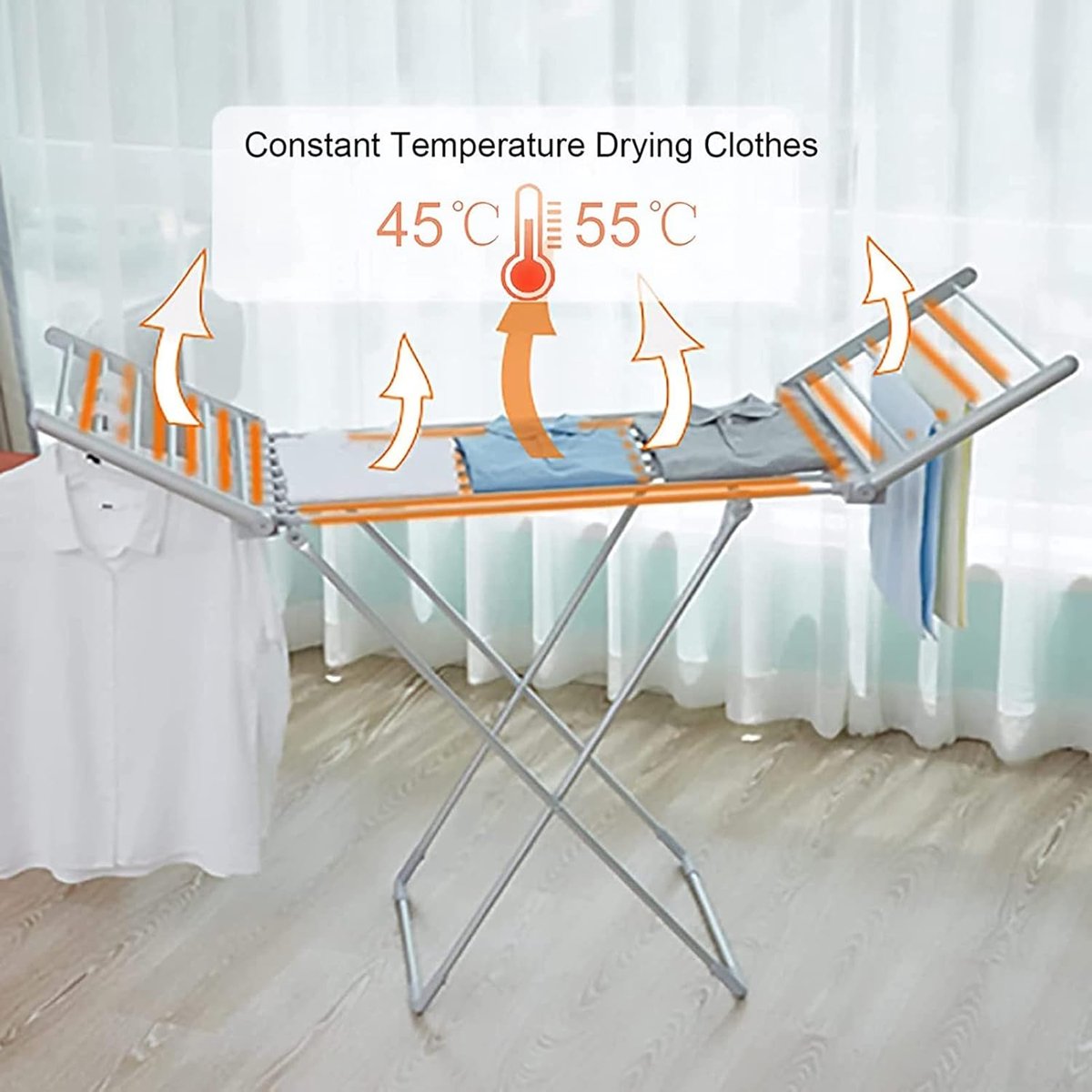 Elektrische Kledingdroger - Verwarmd Rek Droogrek - Kleding Drogen - Constante Temperatuur - 147.5 x 53 x 94 cm - Zilver thumbnail 3
