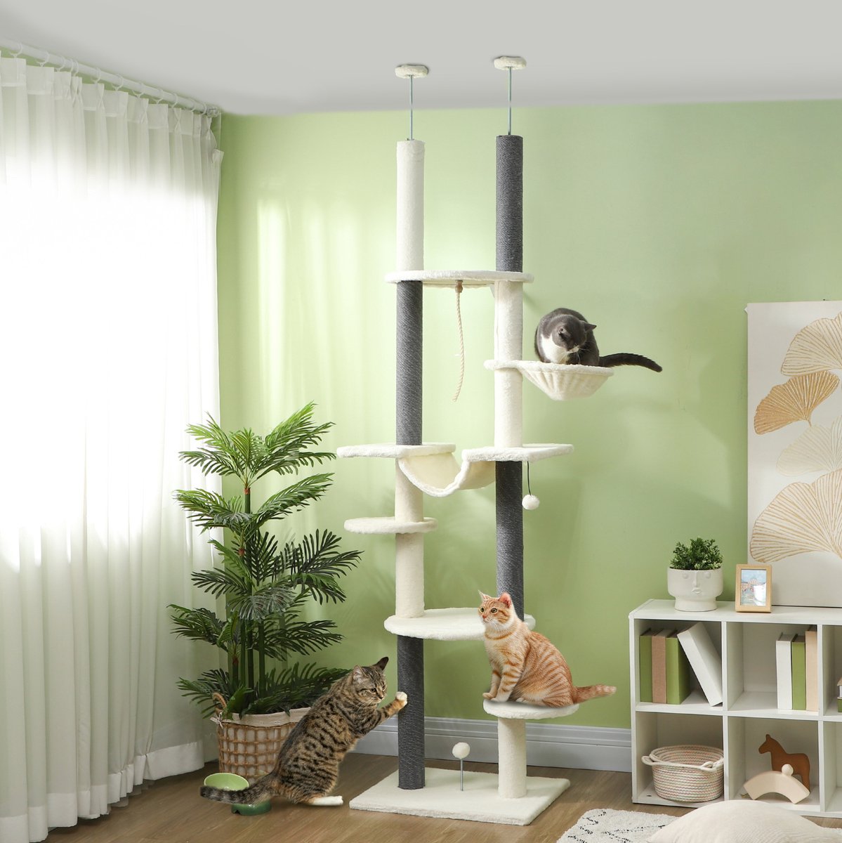 FloraGrace Krabpaal – 225-255 Cm Verstelbare Hoogte – Polyester En Pluche – Wit – Met 2 Hangmatten En Speelballetjes Voor Binnen