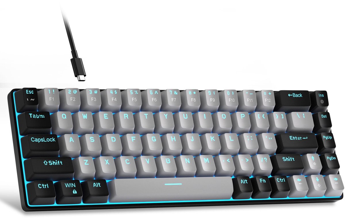 SnelShoppen - Draagbaar 60% Mechanisch Gamingtoetsenbord - Compact 68 Toetsen Mini Bekabeld Toetsenbord met Blauwe Schakelaar - LED Backlit - Grijs/Zw